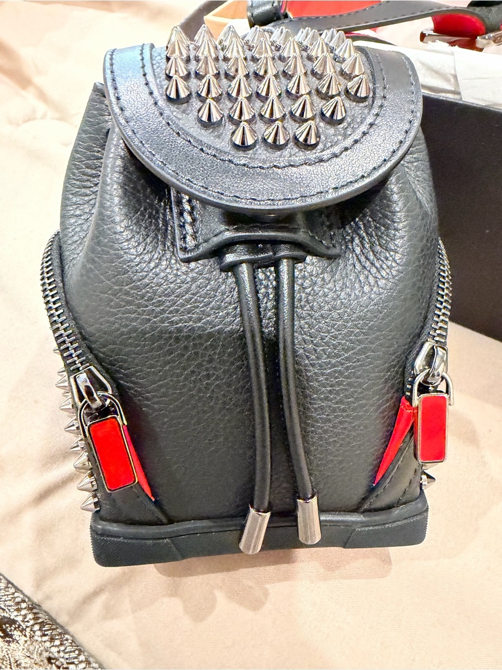 Black Leather Studded Mini Backpack with Red Accents